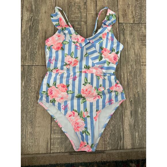 Betsey Johnson Women’s Blue & White Floral Stripe One Piece Swimsuit Size Small - Picture 1 of 4